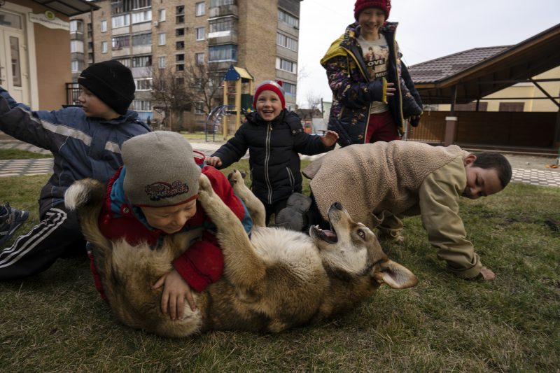 Children play with a dog in Bucha, Ukraine, on April 8. Rodrigo Abd/AP